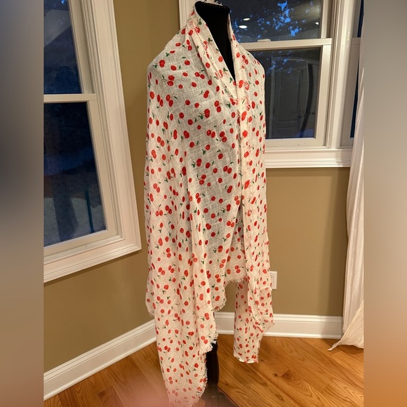 MANGO cherry print off white scarf shawl cotton-linen blend - Picture 9 of 12